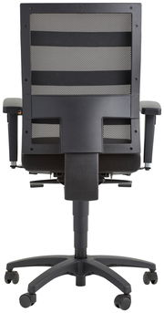 Rückansicht eines schwarzen Drehstuhls mit Netzrückenlehne und verstellbaren Armlehnen.