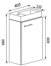Technische Strichzeichnung eines schmalen Bad-Unterschranks mit Waschbecken oben und Griff an der Front, Maße 405 x 220 mm, Höhe ca. 680 mm, dargestellt in schräger Frontansicht von oben.