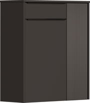 Moderner Hängeschuhschrank in dunklem Design, frontal betrachtet, mit glatter und geriffelter Oberfläche.