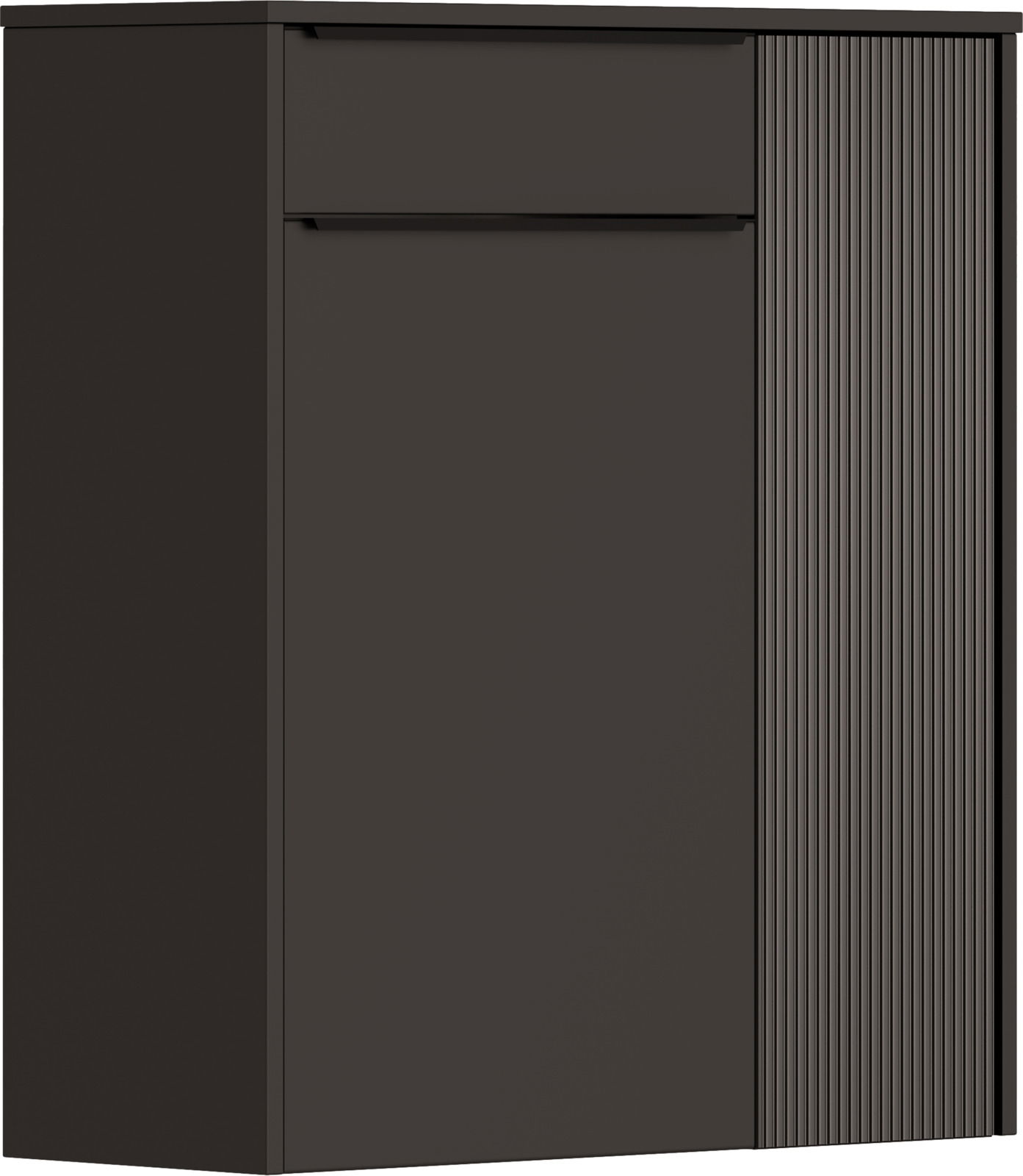 Moderner Hängeschuhschrank in dunklem Design, frontal betrachtet, mit glatter und geriffelter Oberfläche.