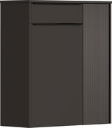 Moderner Hängeschuhschrank in dunklem Design, frontal betrachtet, mit glatter und geriffelter Oberfläche.