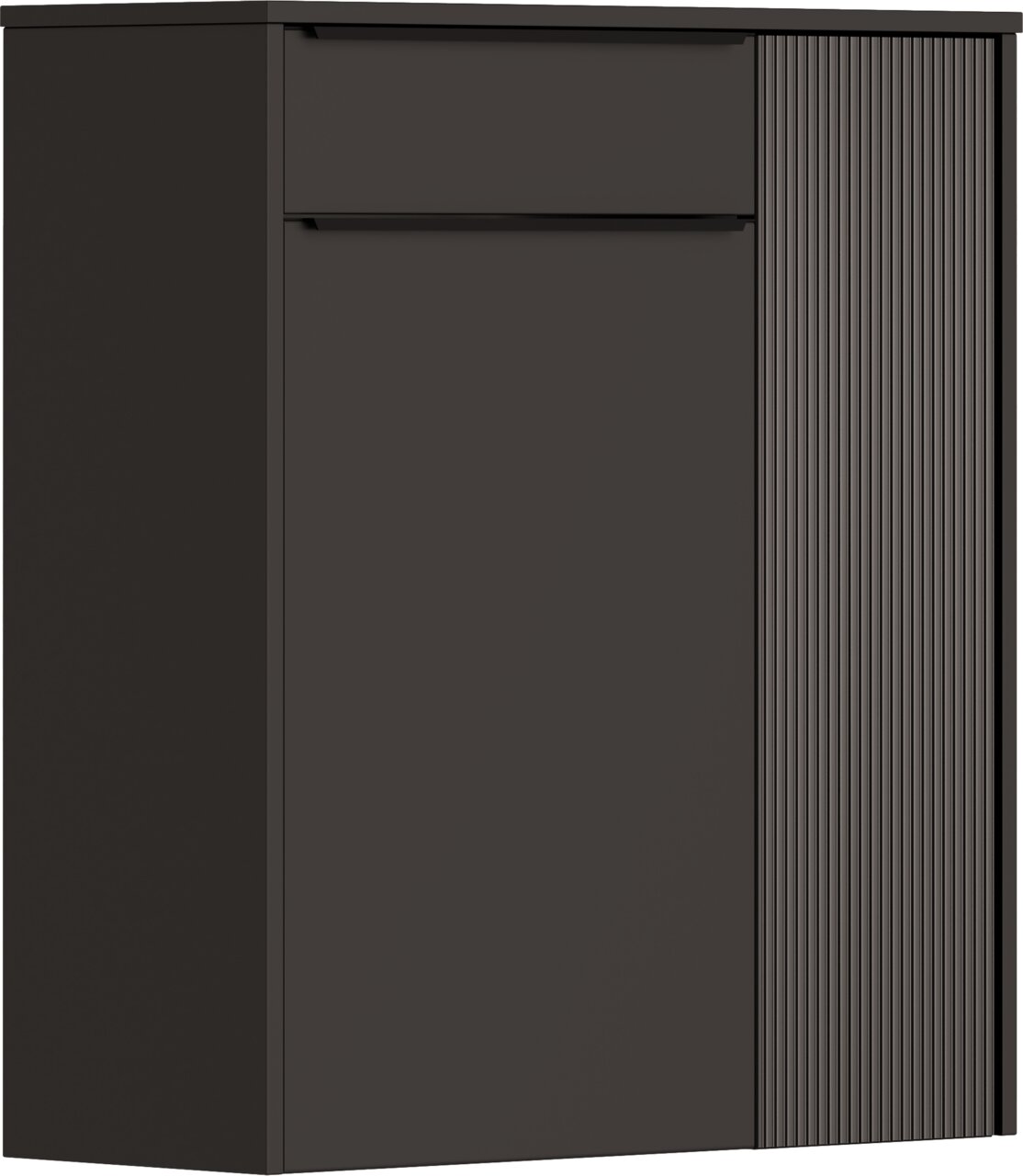 Moderner Hängeschuhschrank in dunklem Design, frontal betrachtet, mit glatter und geriffelter Oberfläche.