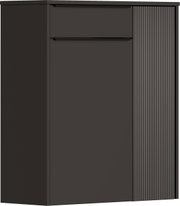Moderner Hängeschuhschrank in dunklem Design, frontal betrachtet, mit glatter und geriffelter Oberfläche.