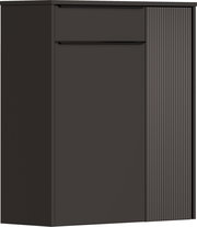 Moderner Hängeschuhschrank in dunklem Design, frontal betrachtet, mit glatter und geriffelter Oberfläche.