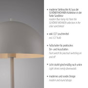 Moderne Stehleuchte ALI in Sandbrise aus der SCHÖNER WOHNEN Kollektion, Detailansicht des runden Lampenschirms mit nach unten gerichtetem Licht, frontal leicht seitliche Perspektive