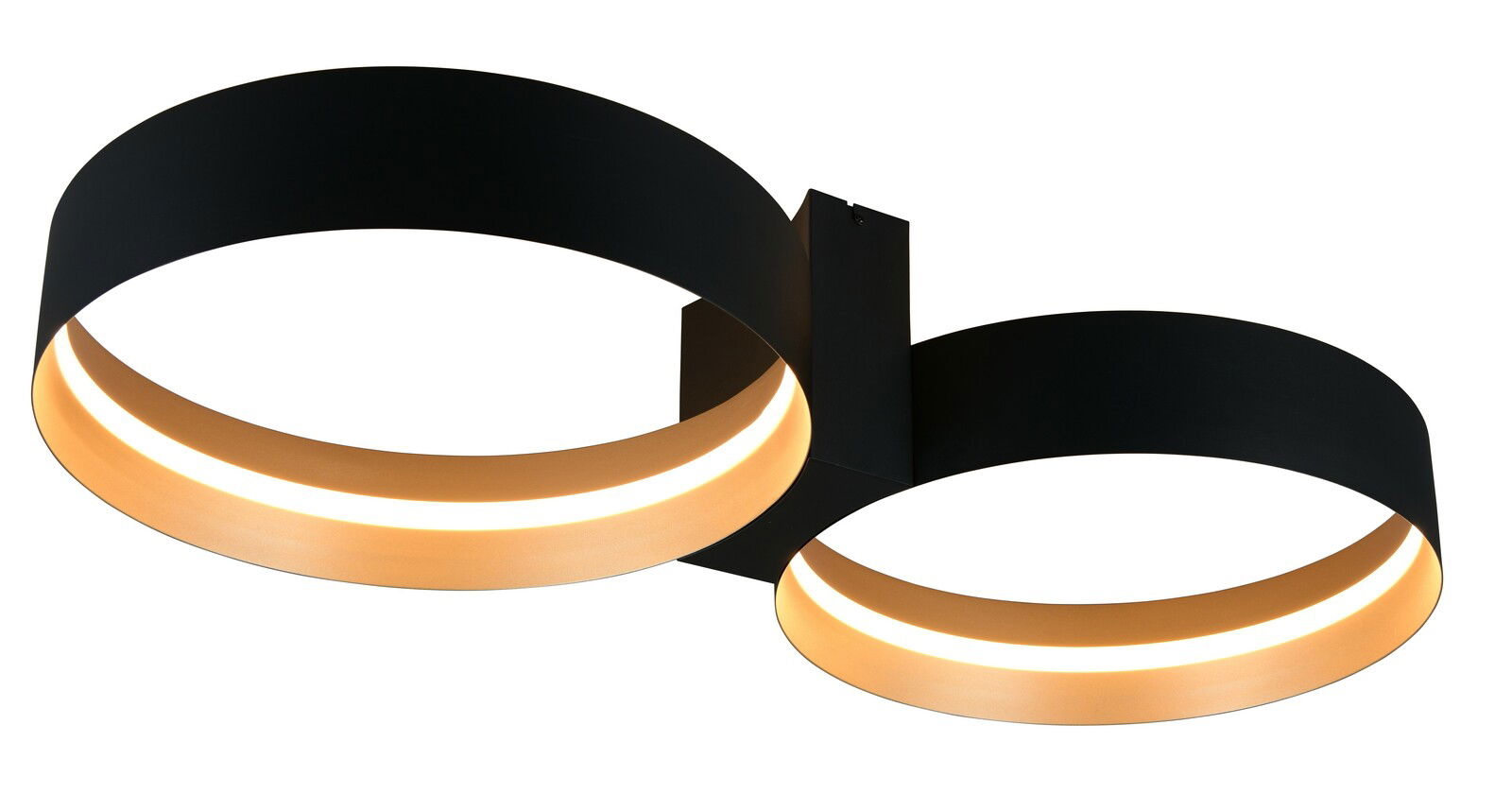 Moderne schwarze Deckenleuchte mit zwei runden, leuchtenden Ringen, seitliche Perspektive