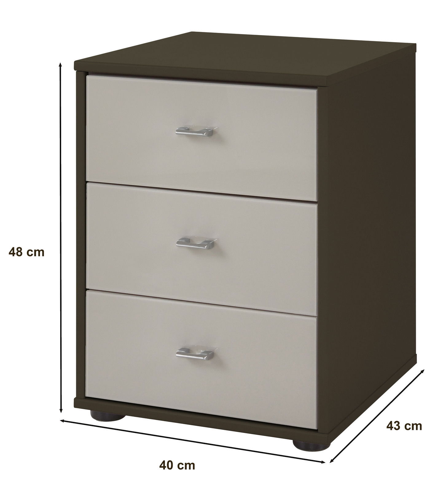 Nachtkonsole mit drei Schubladen, Ansicht von vorne links, Maße 48 cm hoch, 40 cm breit, 43 cm tief
