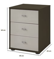 Nachtkonsole mit drei Schubladen, Ansicht von vorne links, Maße 48 cm hoch, 40 cm breit, 43 cm tief