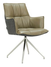 Moderner Sessel mit beigem Lederbezug und schwarzem Stoffrücken, auf einem Metallgestell mit vier Beinen, seitliche Perspektive