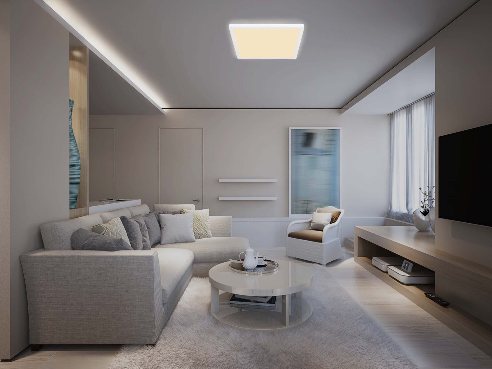 Globo Lighting LED-Deckenleuchte SAPANA Quadratische LED-Deckenleuchte mit warmweißem Licht in modernem Wohnzimmer, Ansicht von unten schräg nach oben zur Decke