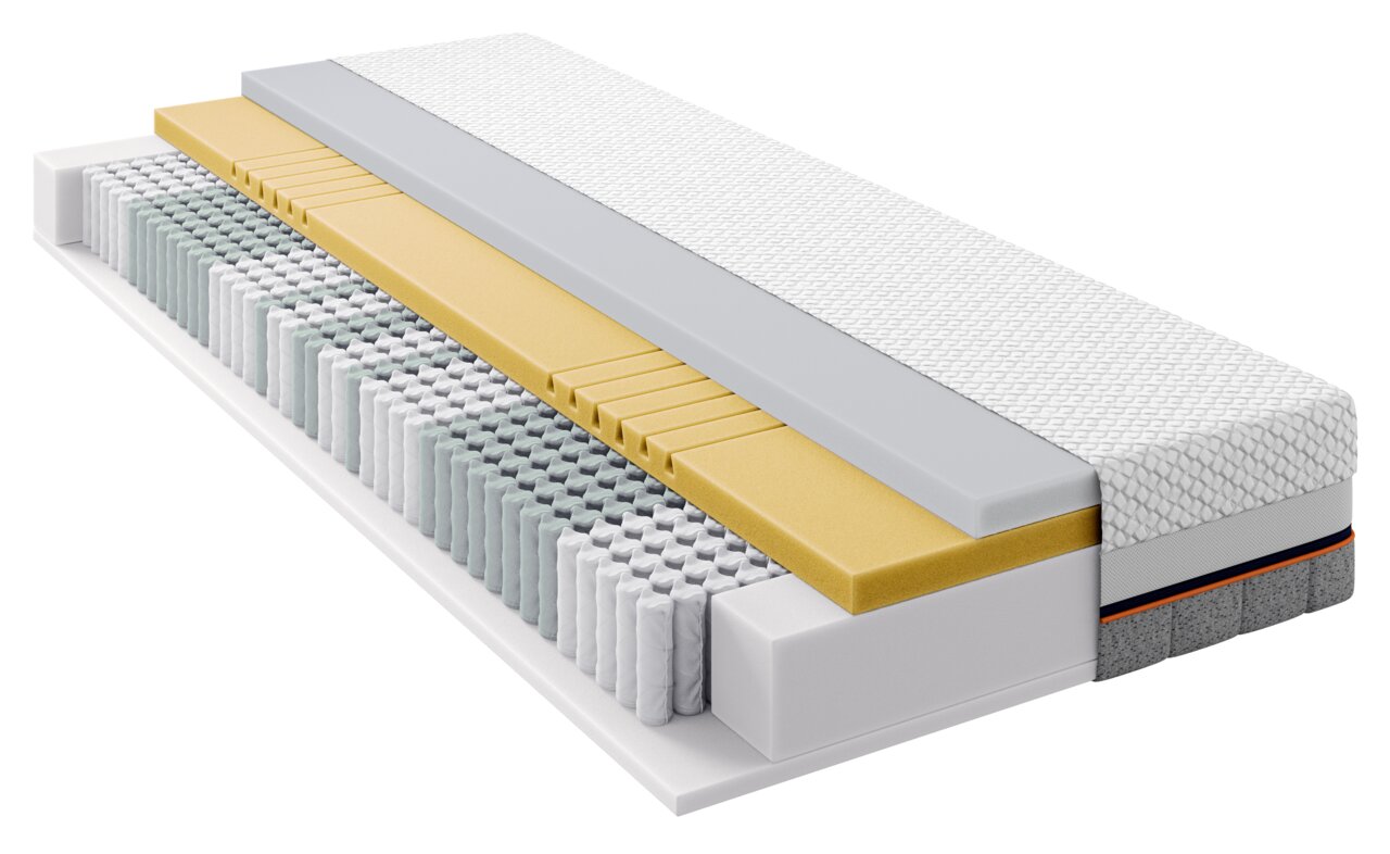 Schlaraffia TTFK-matratze H4 PULSE 240 TFK Querschnitt einer TTFK-Matratze mit verschiedenen Schichten, darunter Taschenfederkern und Schaumschichten, perspektivisch von der Seite gezeigt.
