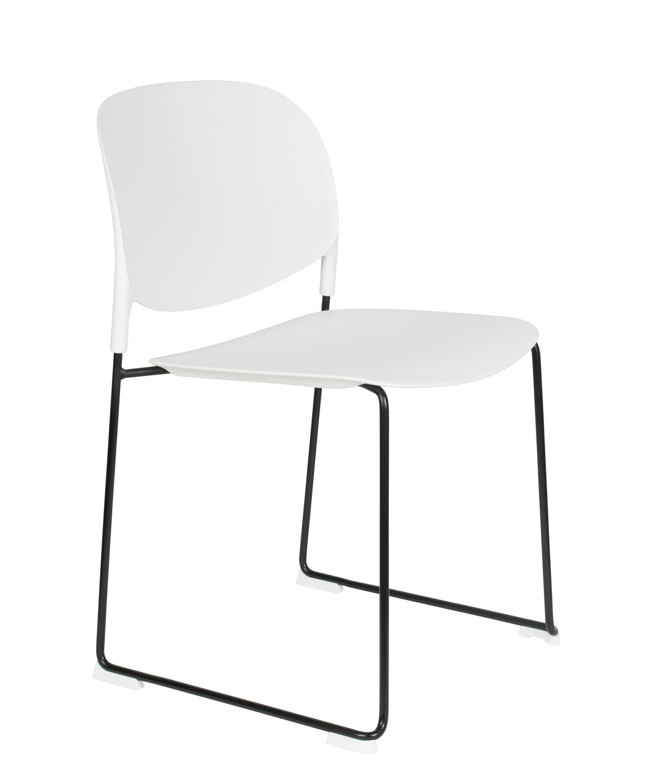 Moderner weißer Stuhl mit schwarzem Metallgestell, seitliche Perspektive