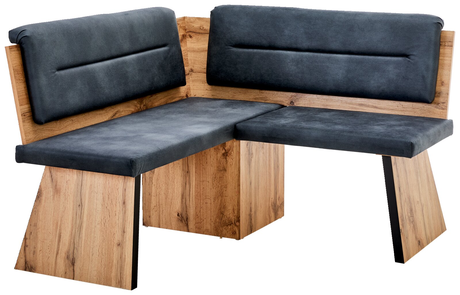 Hoekbank met houten frame en gestoffeerde zitting en rugleuning in donkere stof, zijaanzicht