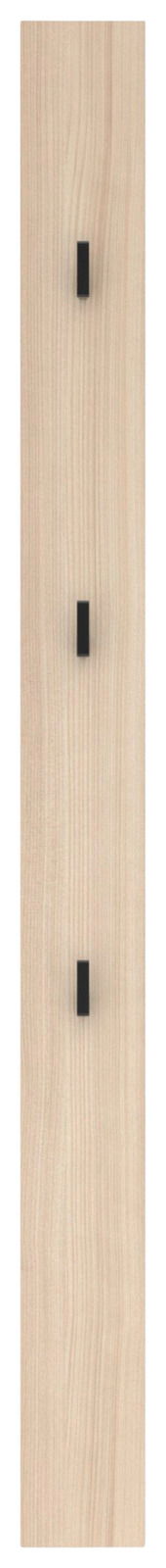 Garderobenpaneel aus hellem Holz mit drei schwarzen Haken, frontale Ansicht