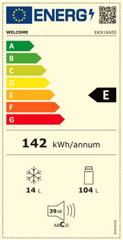 Energieeffizienzklasse E Kühlschrank mit einem jährlichen Energieverbrauch von 142 kWh, 14 Liter Gefrierfach, 104 Liter Kühlfach, und 39 dB Lautstärke. Frontalansicht des Energielabels.
