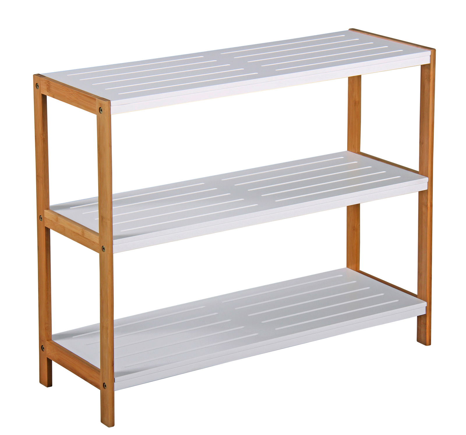 Schuhregal mit drei weißen Regalböden und einem Rahmen aus Holz, seitliche Perspektive