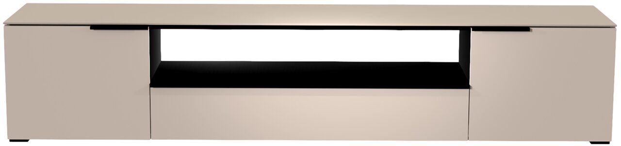 Frontansicht eines modernen, beigen XL TV-Lowboards mit zwei Türen und einem offenen Fach in der Mitte.