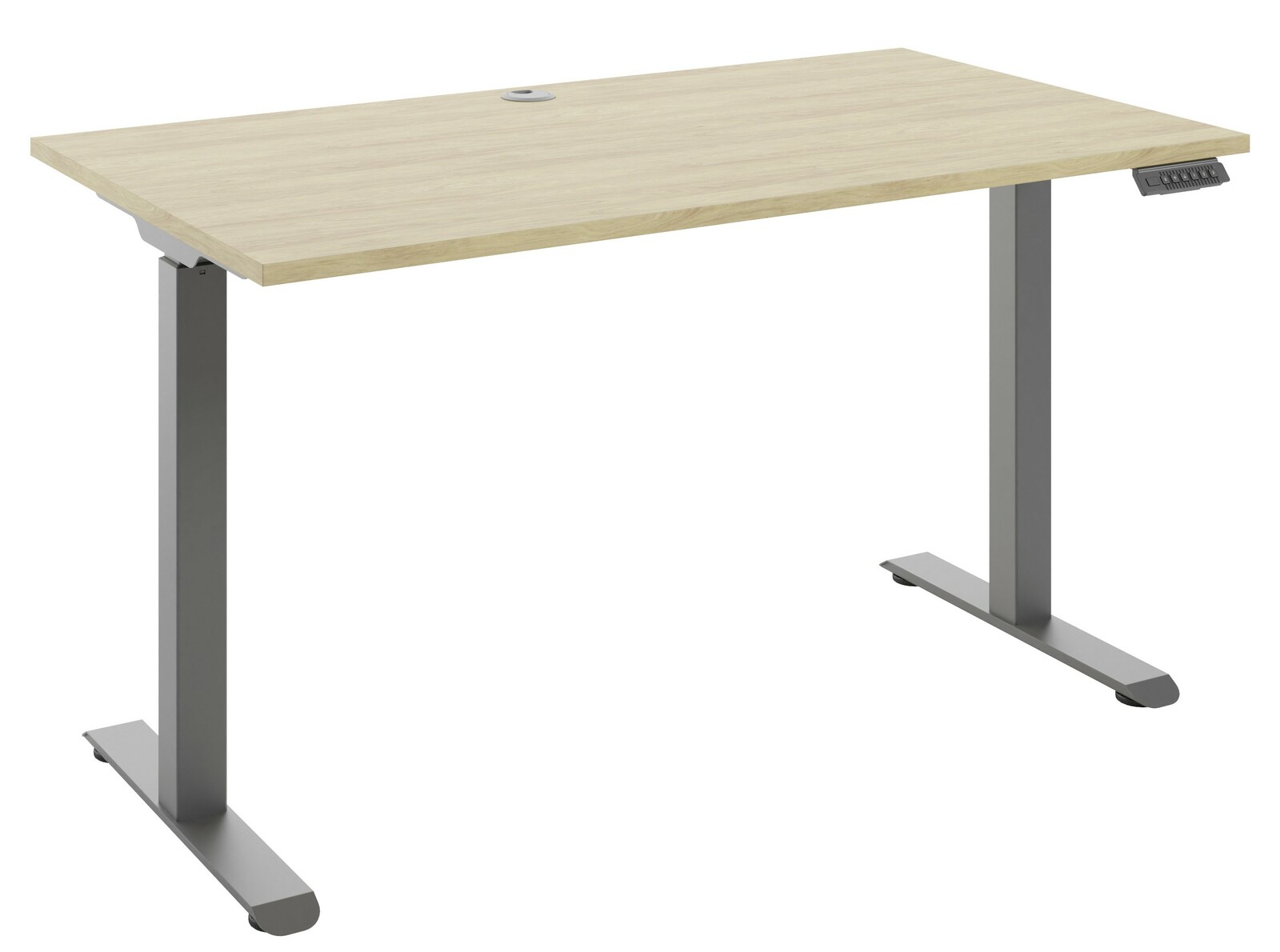 Manjana E-Schreibtisch 1-motorig OHIO Elektrisch höhenverstellbarer Schreibtisch mit Holzoberfläche und grauem Metallgestell, seitliche Perspektive