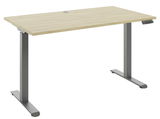 Elektrisch höhenverstellbarer Schreibtisch mit Holzoberfläche und grauem Metallgestell, seitliche Perspektive