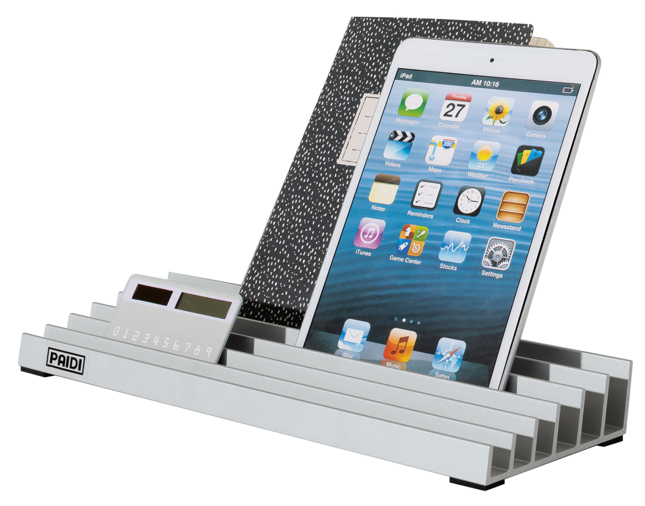 Tablet-Halter aus Metall mit Tablet und Notizbuch, seitliche Perspektive