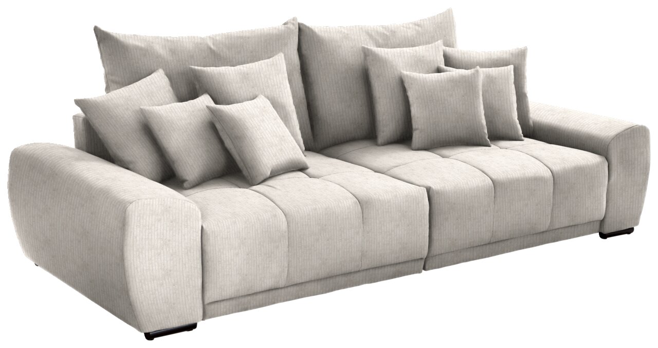 Großes, hellgraues Big-Sofa mit mehreren Kissen, seitliche Perspektive