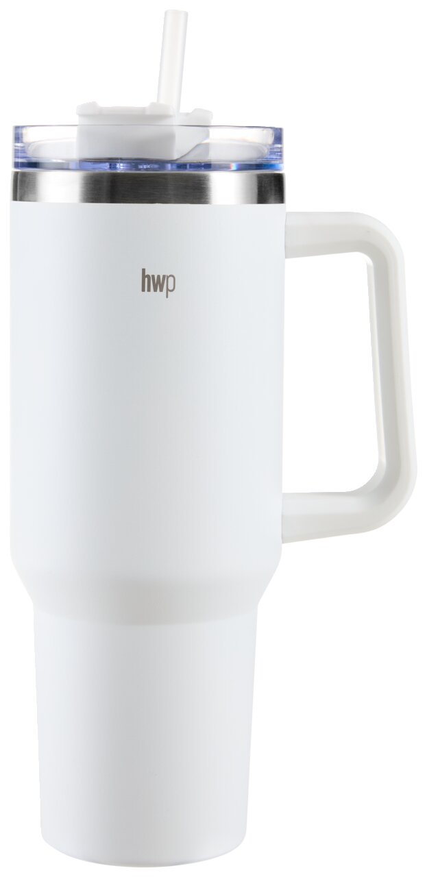 Homeware Thermobecher Weißer Thermobecher mit Henkel und Strohhalm, seitliche Perspektive