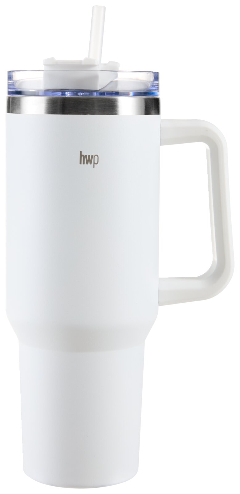 Homeware Thermobecher Weißer Thermobecher mit Henkel und Strohhalm, seitliche Perspektive