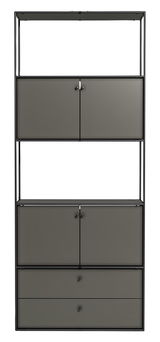 Frontale Ansicht eines modernen Aktenregals mit mehreren Fächern und Türen in dunkler Farbe.