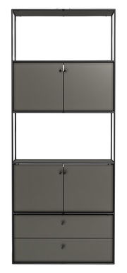 Frontale Ansicht eines modernen Aktenregals mit mehreren Fächern und Türen in dunkler Farbe.