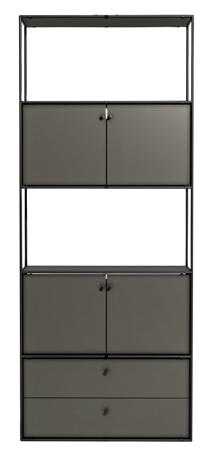 Frontale Ansicht eines modernen Aktenregals mit mehreren Fächern und Türen in dunkler Farbe.