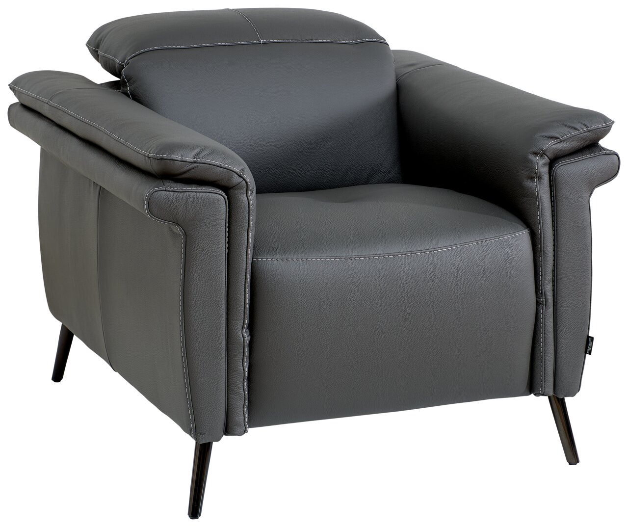 Grauer Ledersessel mit Armlehnen und Metallbeinen, seitliche Perspektive