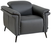 Grauer Ledersessel mit Armlehnen und Metallbeinen, seitliche Perspektive