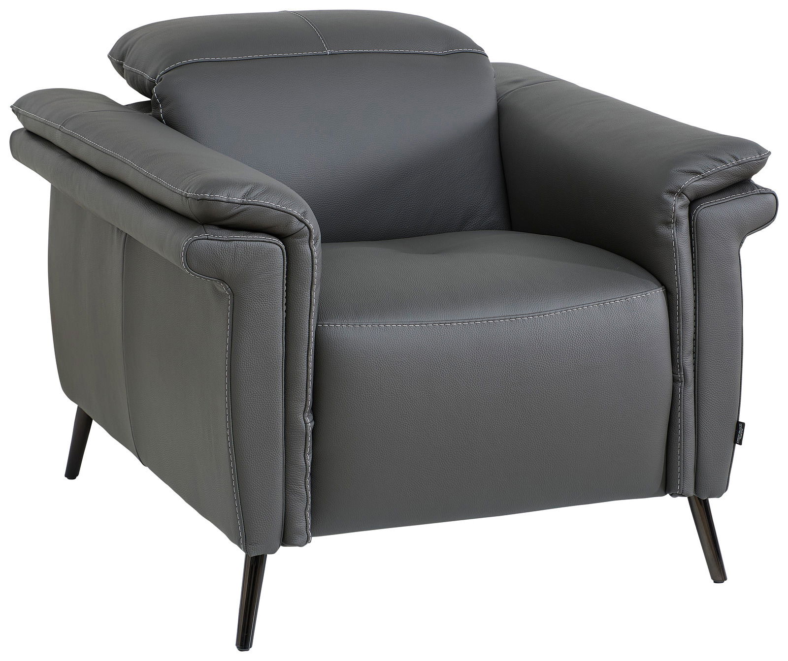 Grauer Ledersessel mit Armlehnen und Metallbeinen, seitliche Perspektive