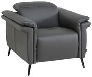 Grauer Ledersessel mit Armlehnen und Metallbeinen, seitliche Perspektive