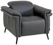 Grijze leren fauteuil met armleuningen en metalen poten, zijaanzicht