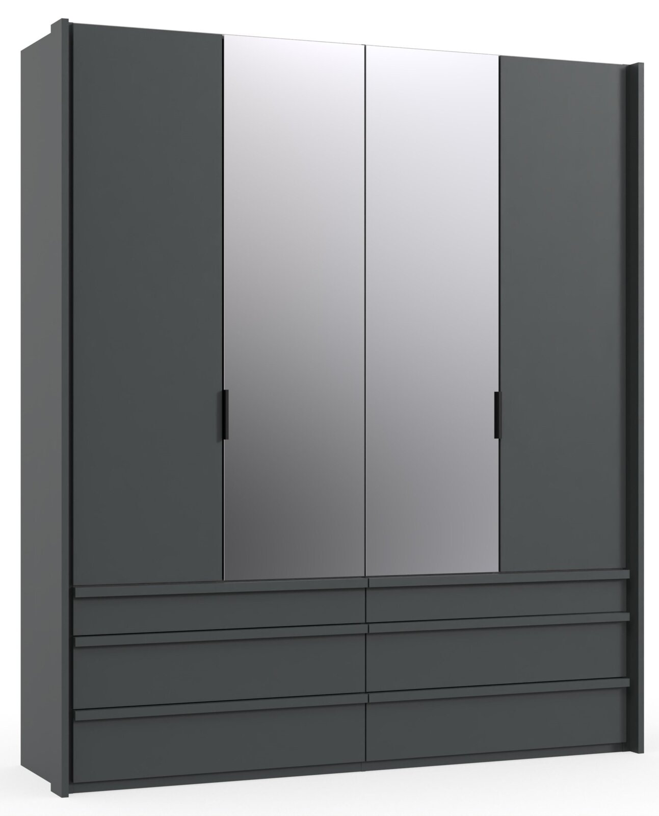 Moderne vierdeurskast met draaideuren, spiegelpanelen, een donker frame en lades, gezien van voren.