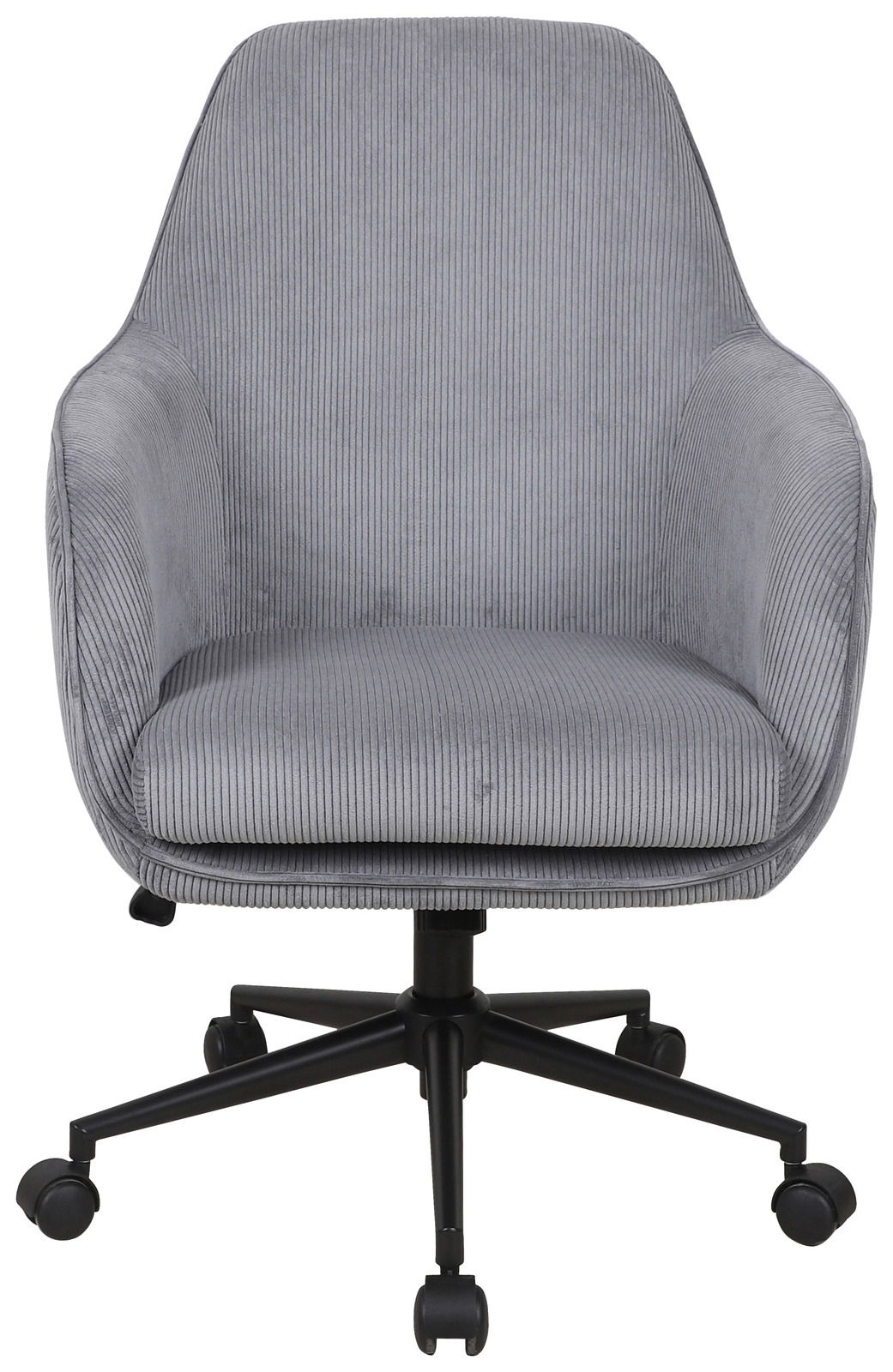 Grauer Drehstuhl mit Armlehnen und schwarzem Fußgestell, Vorderansicht