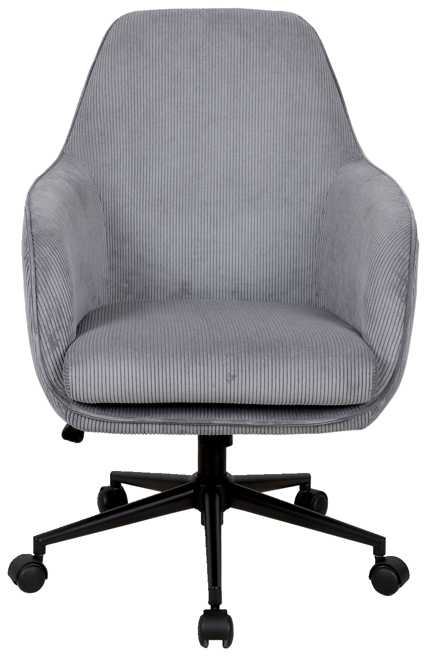 Grauer Drehstuhl mit Armlehnen und schwarzem Fußgestell, Vorderansicht