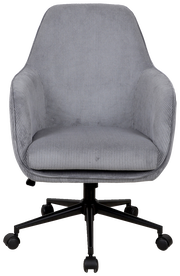 Grauer Drehstuhl mit Armlehnen und schwarzem Fußgestell, Vorderansicht