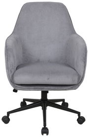 Grauer Drehstuhl mit Armlehnen und schwarzem Fußgestell, Vorderansicht