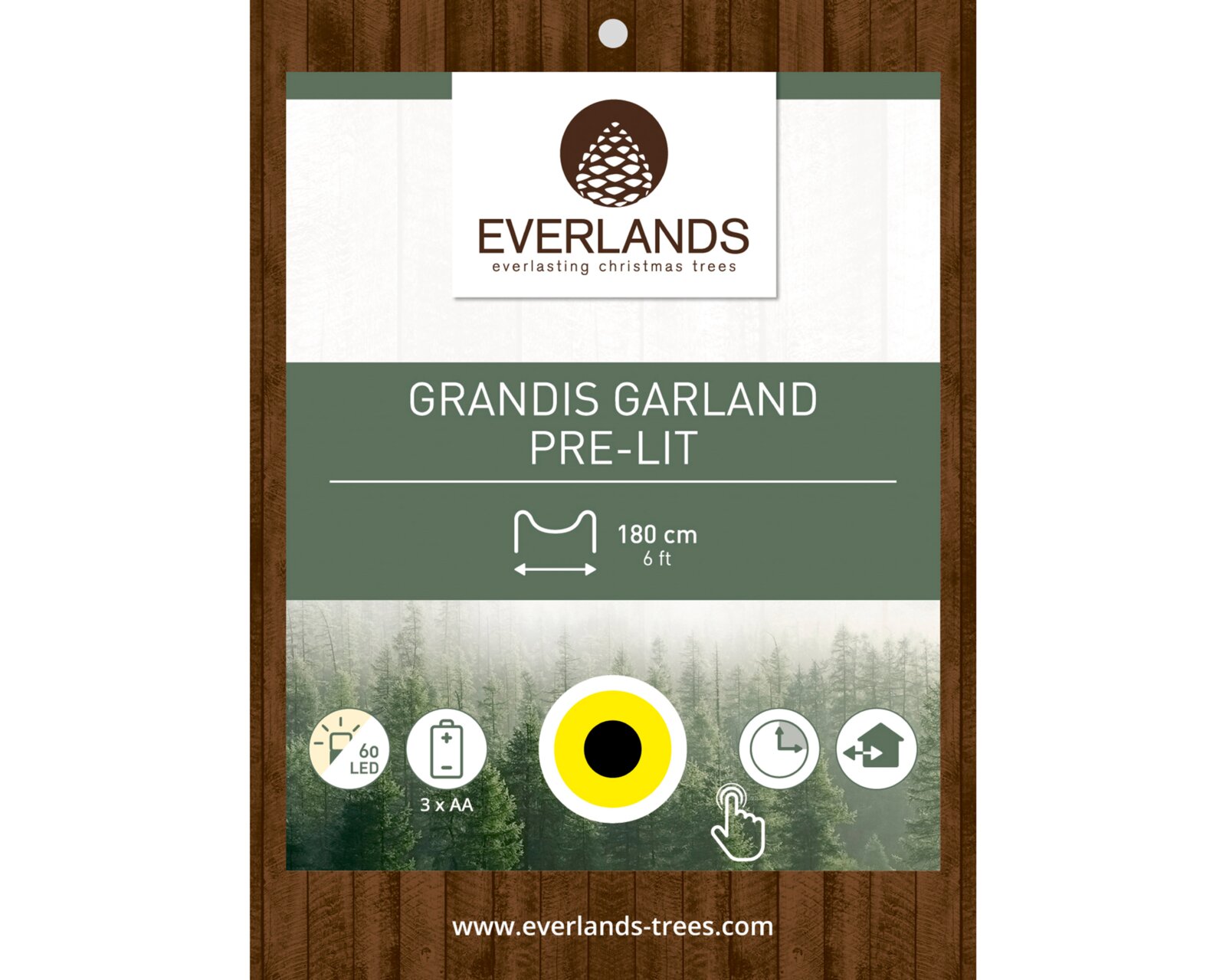 Vooraanzicht van de verpakking van de Everlands Grandis lichtslinger van 180 cm met 60 ledlampjes, batterijvoeding en timerfunctie
