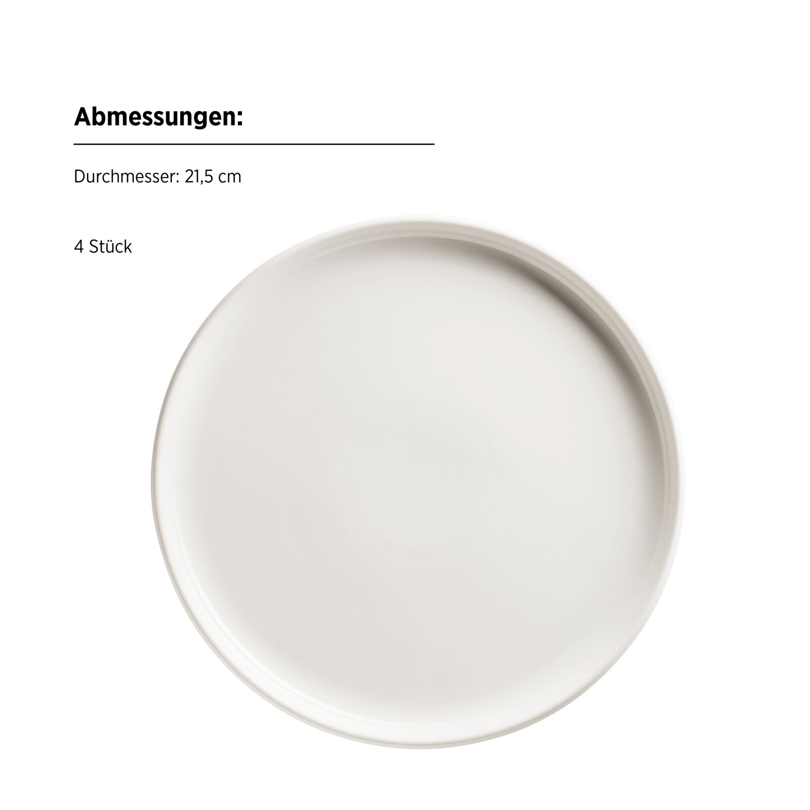 Weißer runder Teller (Set mit 4 Stück), Durchmesser 21,5 cm, in Draufsicht/Top-Down-Perspektive vor weißem Hintergrund