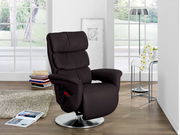 Moderner brauner Fernsehsessel in einem hellen Wohnzimmer, seitliche Perspektive.