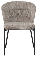 Vorderansicht eines modernen Stuhls mit gepolsterter, strukturierter Sitzfläche und Rückenlehne in Beige, auf schwarzen Metallbeinen.