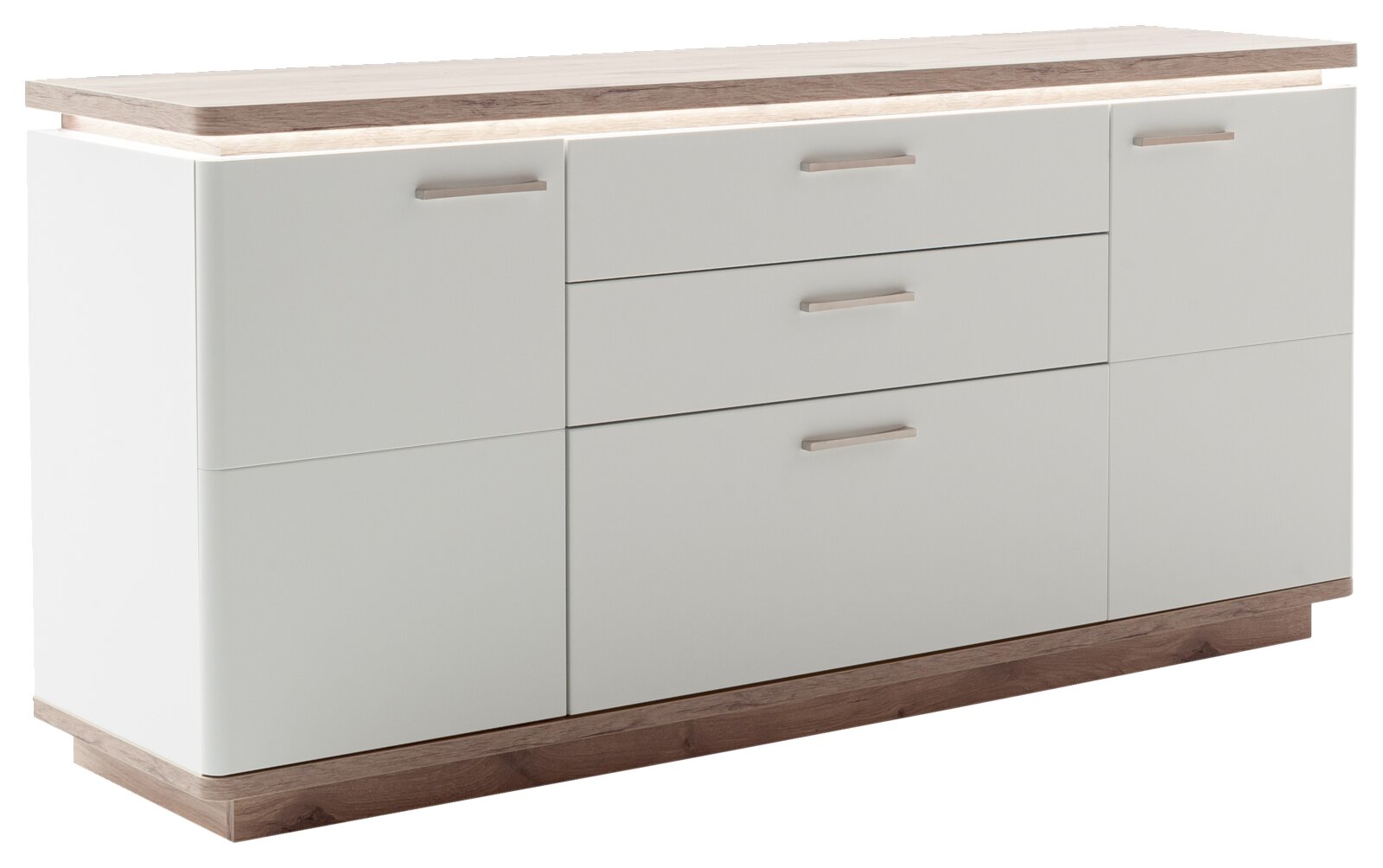 Moderne weiße Kommode/Sideboard mit Holzplatte und Holzsockel, zwei Türen und drei Schubladen mit Griffen, schräg von vorne links in leichter Perspektive freigestellt