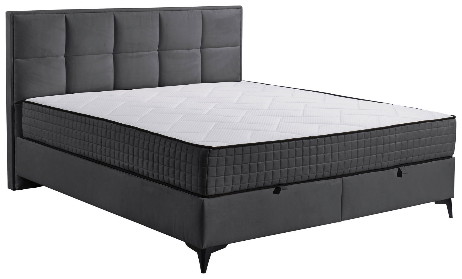 Graues Boxbett mit gestepptem Kopfteil und weißer Matratze, seitliche Perspektive