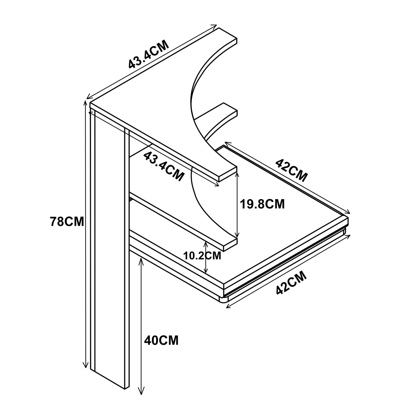 Technische Strichzeichnung eines schmalen Beistelltisches/Konsolentisches mit C-förmiger Tischplatte und Maßangaben (u. a. 78 cm Höhe, 42 cm Breite, 43,4 cm Länge, 19,8 cm Ausschnitt), gezeigt in schräger Perspektive von oben.