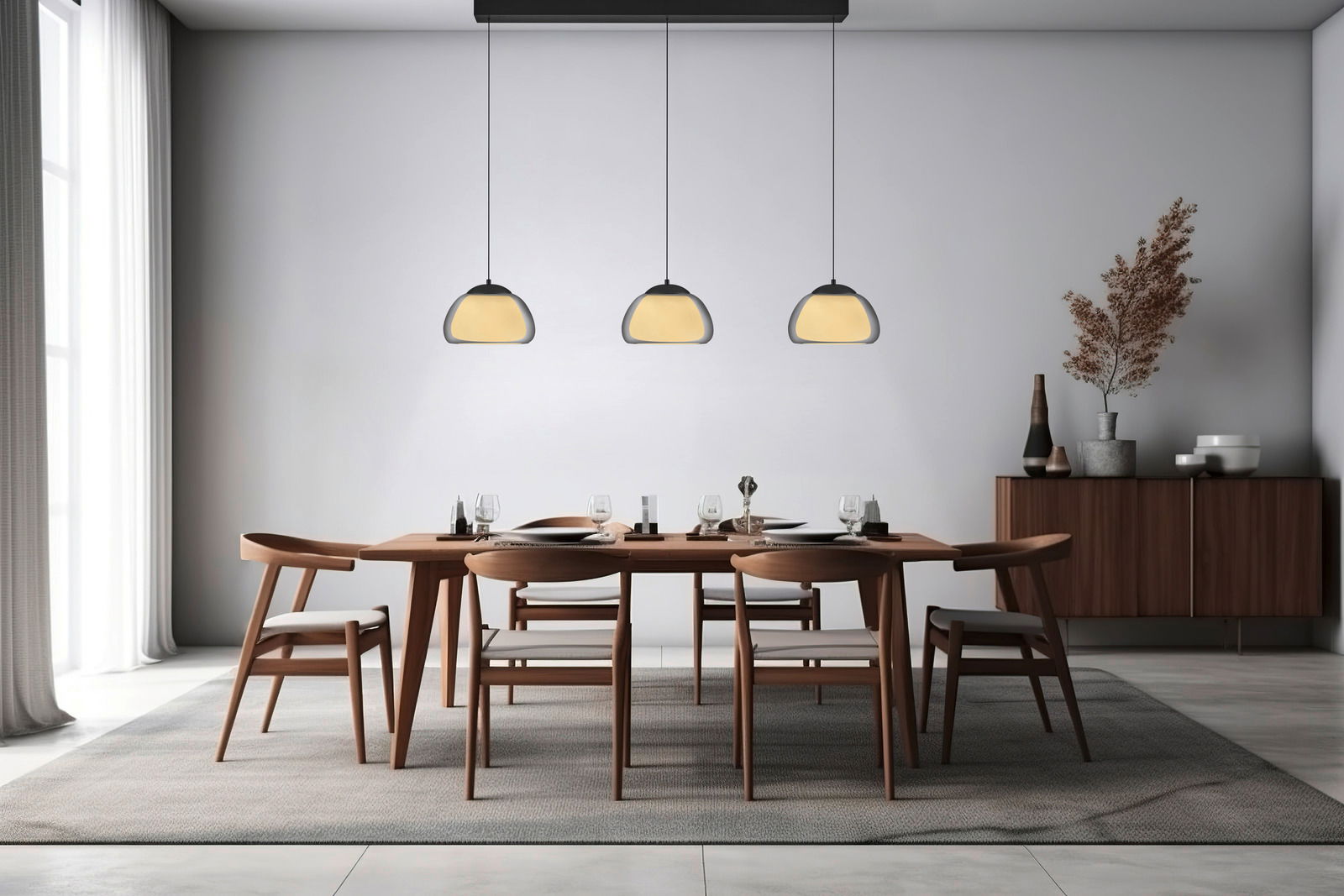 Moderne LED-Pendelleuchte LUXXO über einem stilvoll gedeckten Esstisch, seitliche Perspektive.