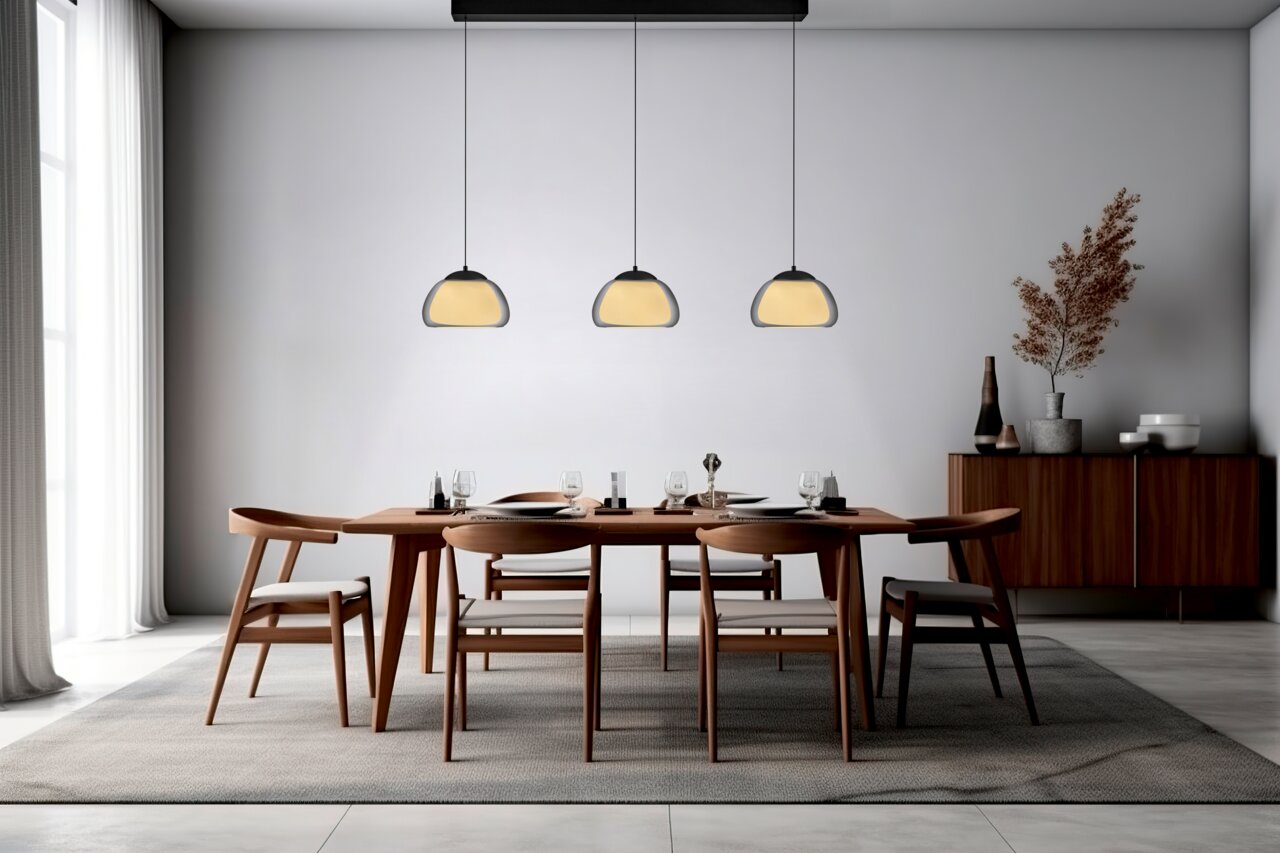 Moderne LED-Pendelleuchte LUXXO über einem stilvoll gedeckten Esstisch, seitliche Perspektive.