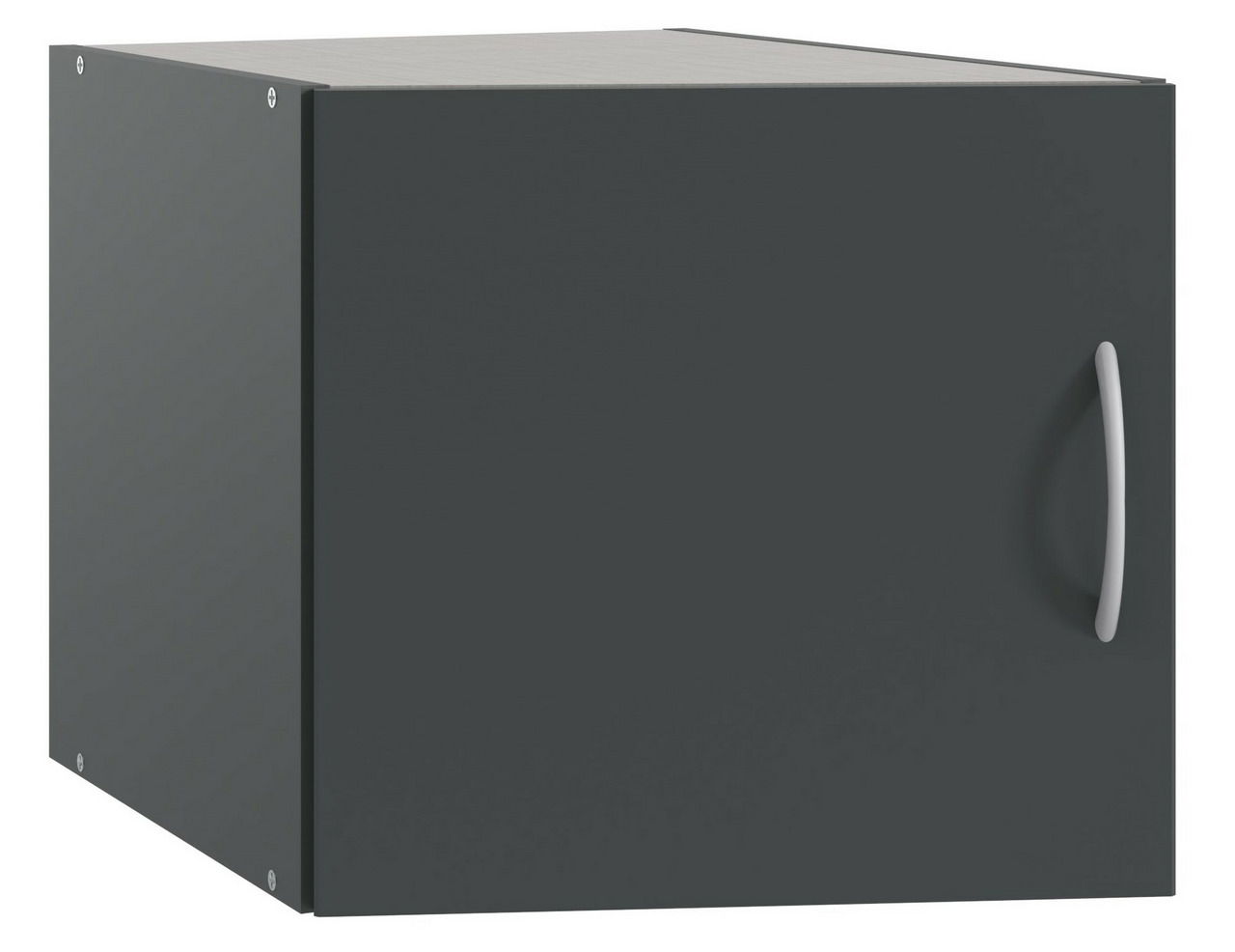 XORA Aufsatz T54 für Schrägschrank MULTIRAUMKONZEPT Schwarzer Aufsatz T54 für Schrankschräge, perspektivische Ansicht von vorne links mit silbernem Griff.